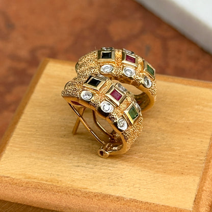 Estate 14KT Yellow Gold Diamond + Emerald, Sapphire, Ruby Half-Hoop Earrings