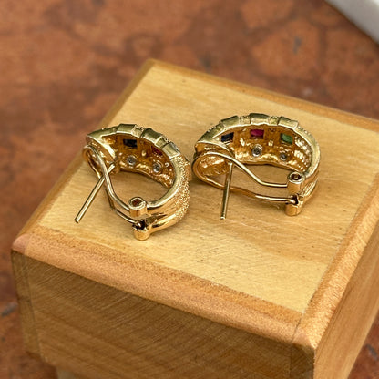 Estate 14KT Yellow Gold Diamond + Emerald, Sapphire, Ruby Half-Hoop Earrings