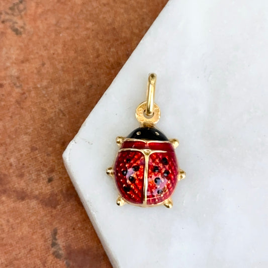 Estate 18KT Yellow Gold Red Enamel Ladybug Pendant