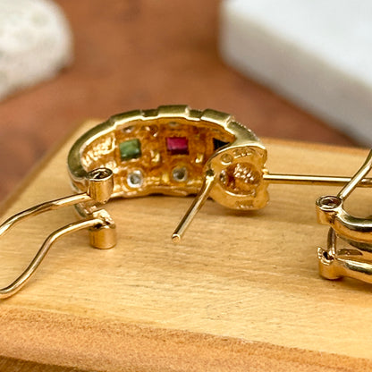 Estate 14KT Yellow Gold Diamond + Emerald, Sapphire, Ruby Half-Hoop Earrings