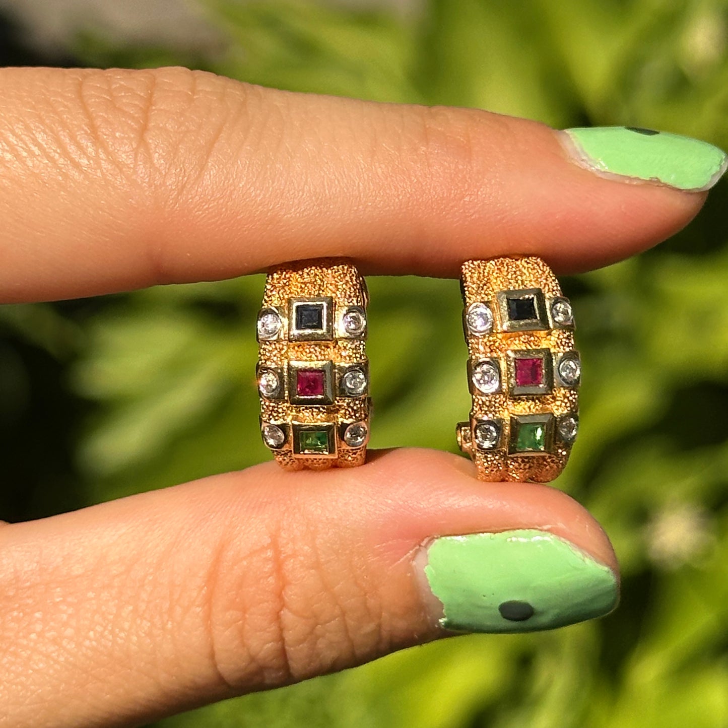 Estate 14KT Yellow Gold Diamond + Emerald, Sapphire, Ruby Half-Hoop Earrings