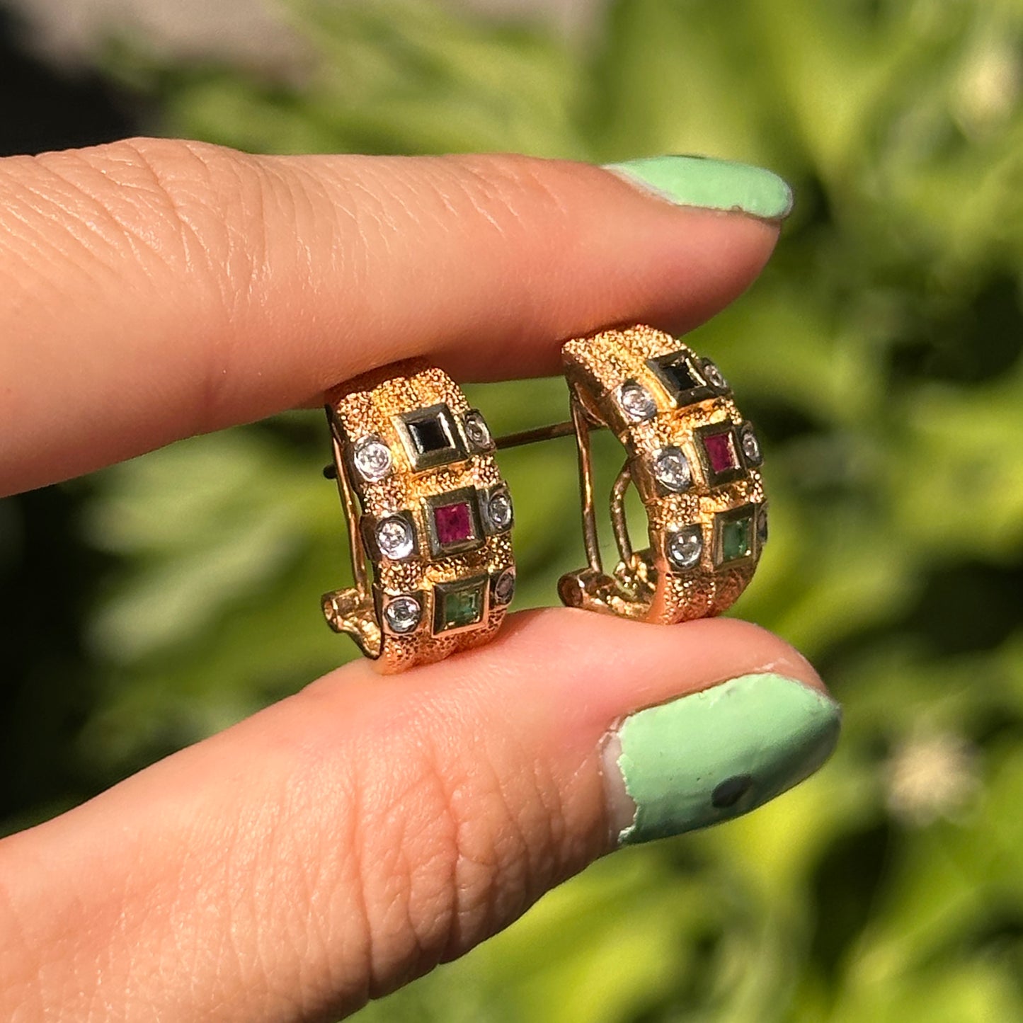 Estate 14KT Yellow Gold Diamond + Emerald, Sapphire, Ruby Half-Hoop Earrings