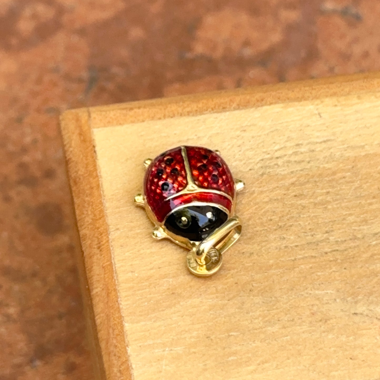 Estate 18KT Yellow Gold Red Enamel Ladybug Pendant