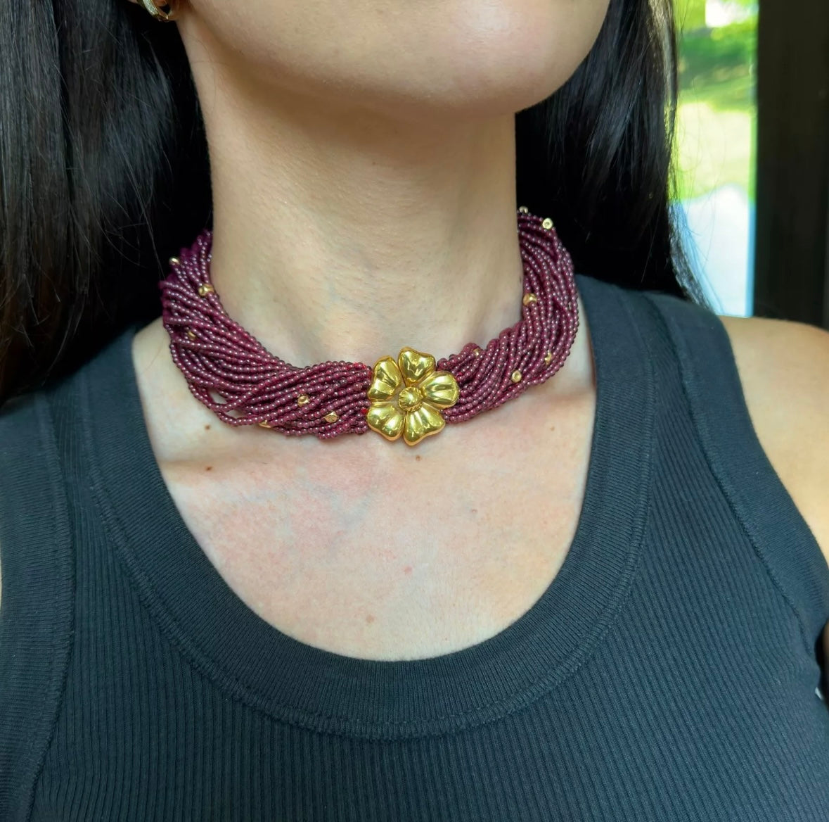 Estate 18KT Yellow Gold Beaded Garnet Torsade Floral Center Neckace