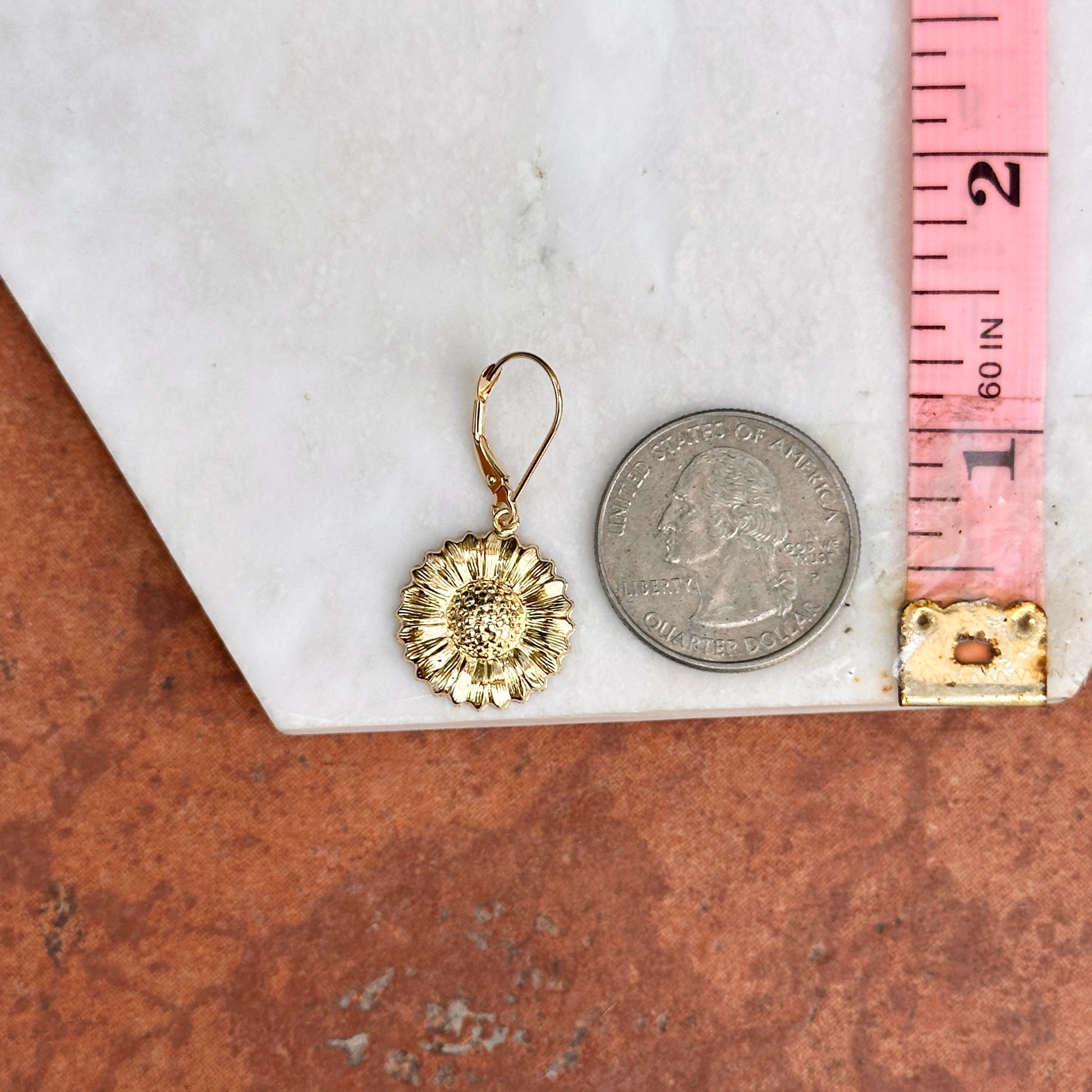 14KT Yellow Gold Sunflower Lever Back Earrings - LSJ