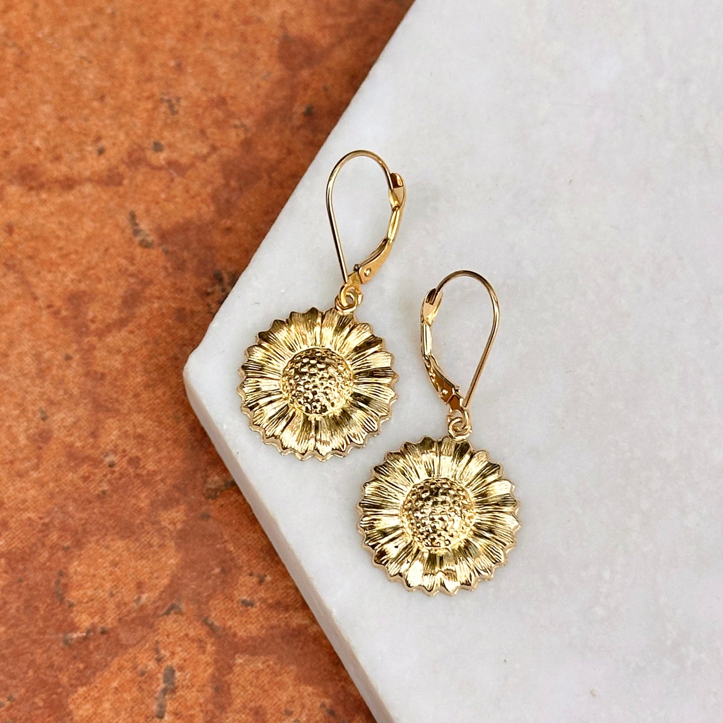 14KT Yellow Gold Sunflower Lever Back Earrings - LSJ