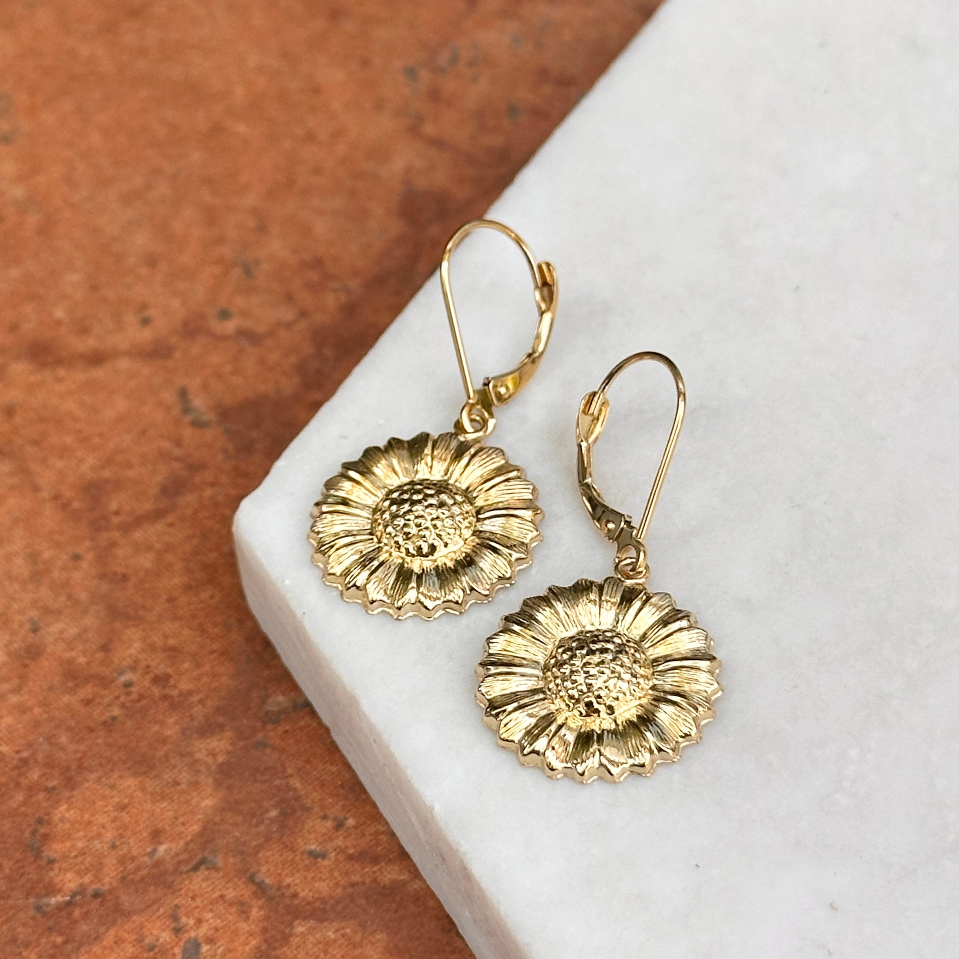 14KT Yellow Gold Sunflower Lever Back Earrings - LSJ