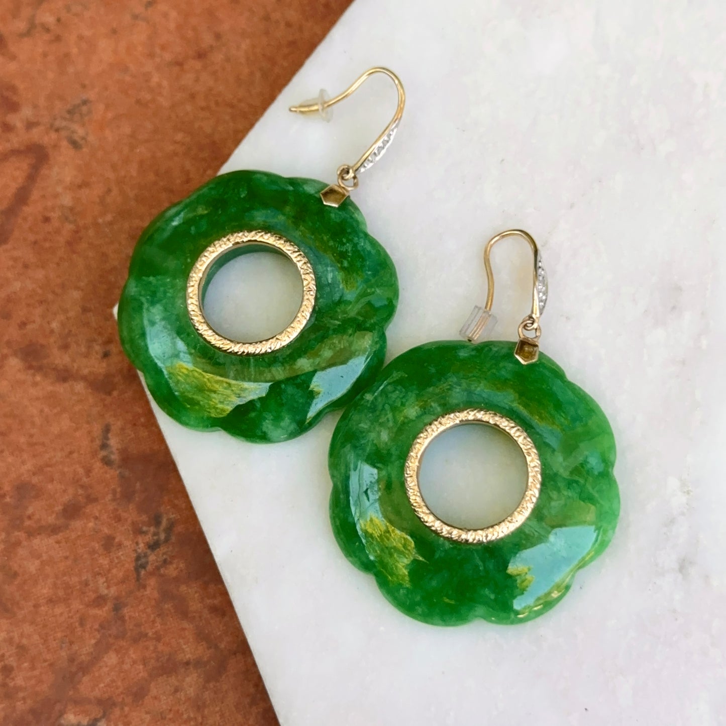 Estate 14KT Yellow Gold Round Fluted Jade + Diamond Dangle Earrings