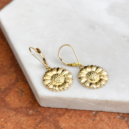 14KT Yellow Gold Sunflower Lever Back Earrings - LSJ