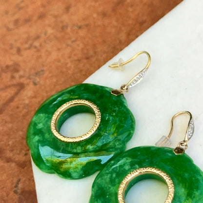 Estate 14KT Yellow Gold Round Fluted Jade + Diamond Dangle Earrings