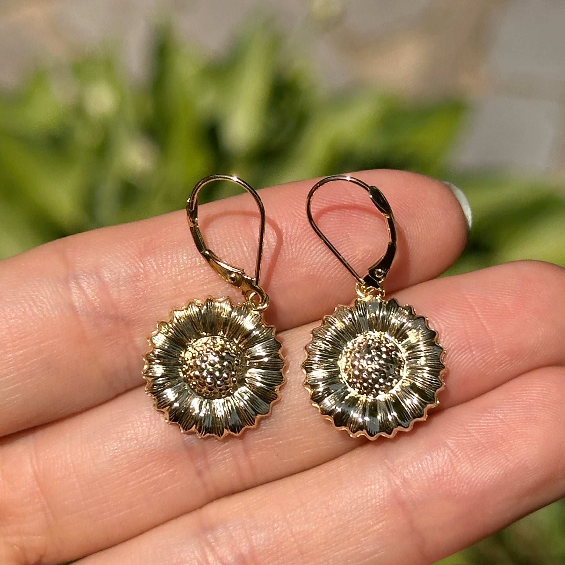 14KT Yellow Gold Sunflower Lever Back Earrings - LSJ