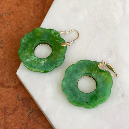 Estate 14KT Yellow Gold Round Fluted Jade + Diamond Dangle Earrings