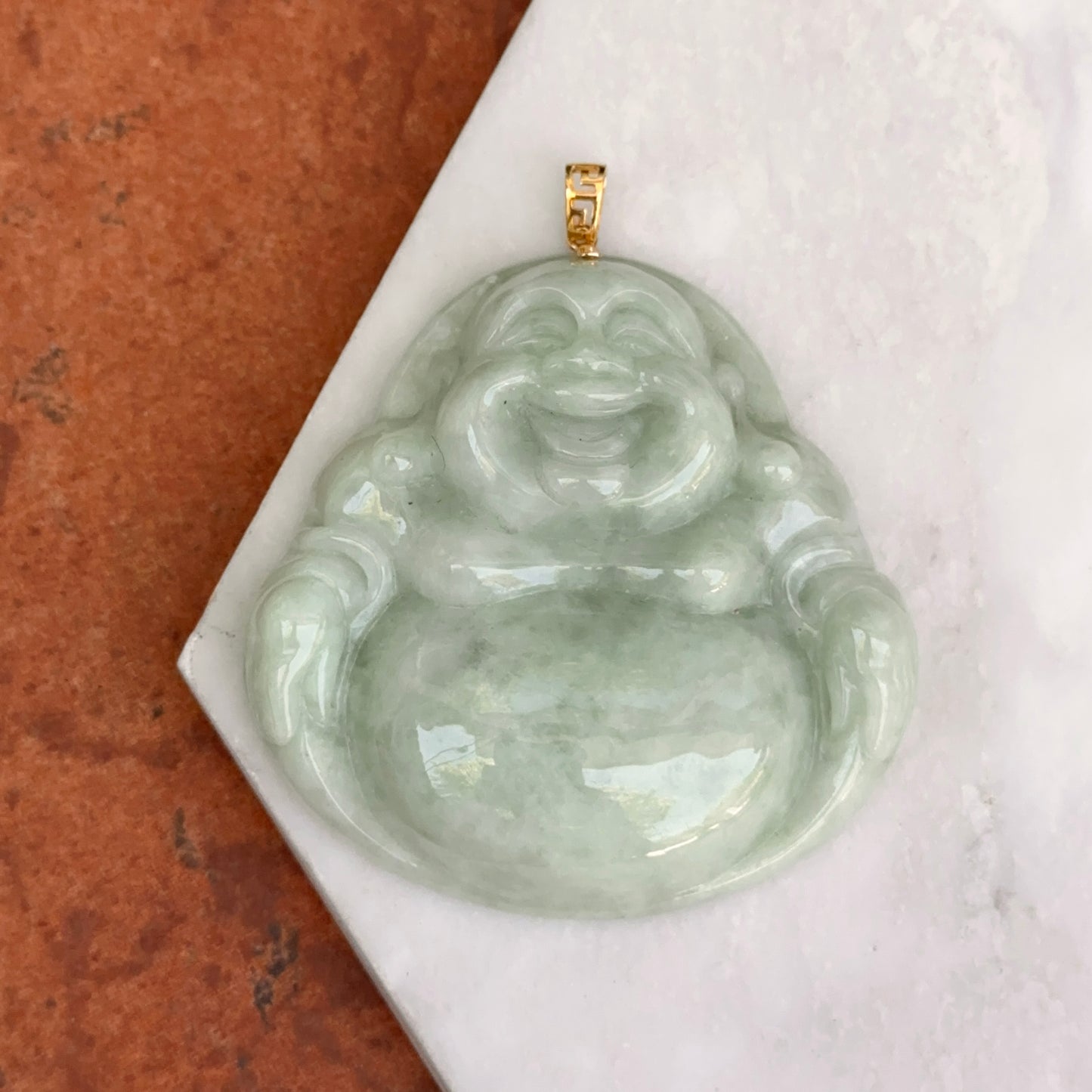 18KT Yellow Gold Greek Key Jade Buddha Pendant 60mm