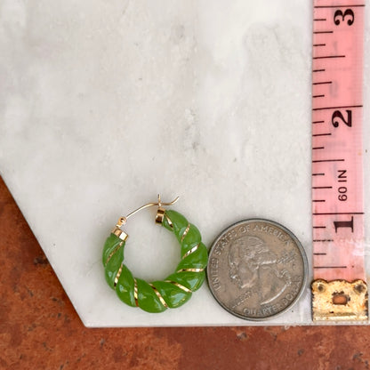 Estate 14KT Yellow Gold Ribbed Green Jade Hoop Earrings 25mm