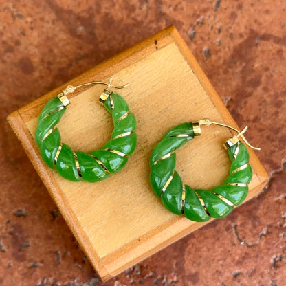 Estate 14KT Yellow Gold Ribbed Green Jade Hoop Earrings 25mm