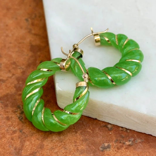 Estate 14KT Yellow Gold Ribbed Green Jade Hoop Earrings 25mm