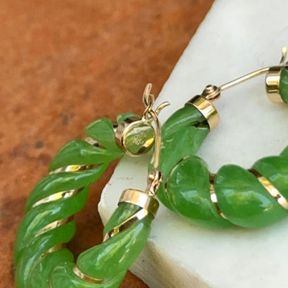 Estate 14KT Yellow Gold Ribbed Green Jade Hoop Earrings 25mm