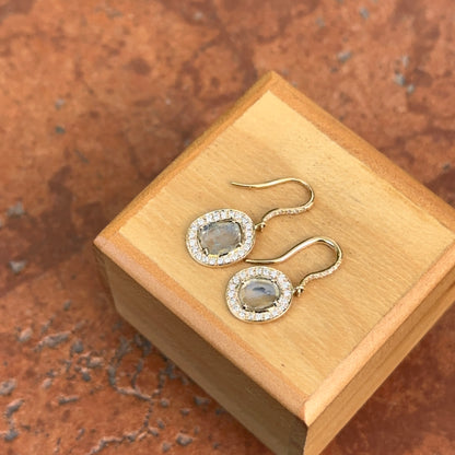 18KT Yellow Gold Bezel-Set Diamond Slice Oval Halo Dangle Gray Earrings