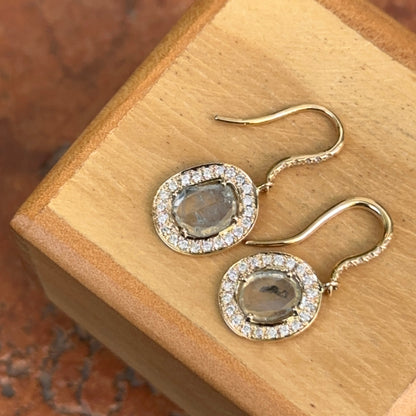 18KT Yellow Gold Bezel-Set Diamond Slice Oval Halo Dangle Gray Earrings