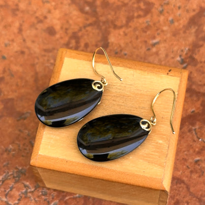 Estate 14KT Yellow Gold Teardrop Onyx Swirl Design Earrings