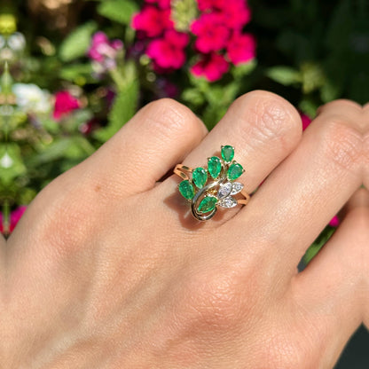 Estate 14KT Yellow Gold Pear Emerald + Diamond Cluster Ring