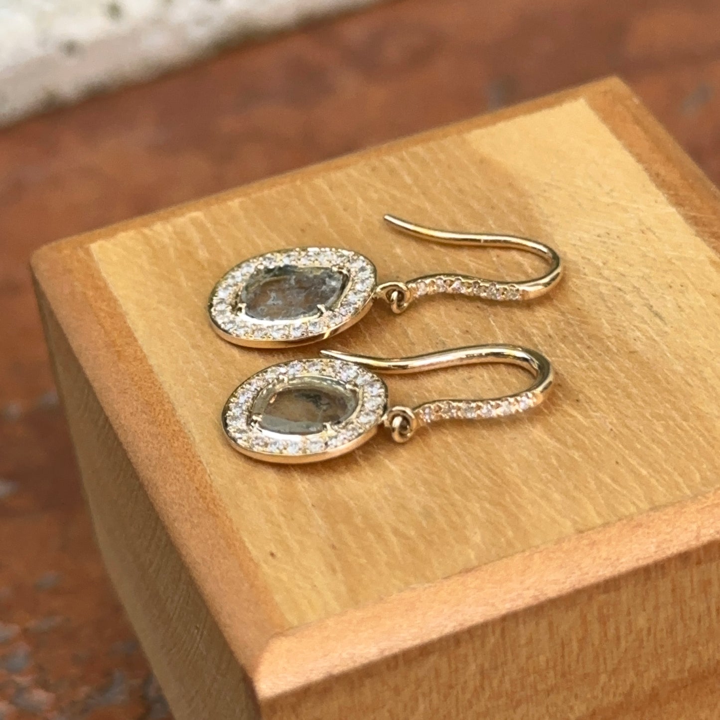 18KT Yellow Gold Bezel-Set Diamond Slice Oval Halo Dangle Gray Earrings