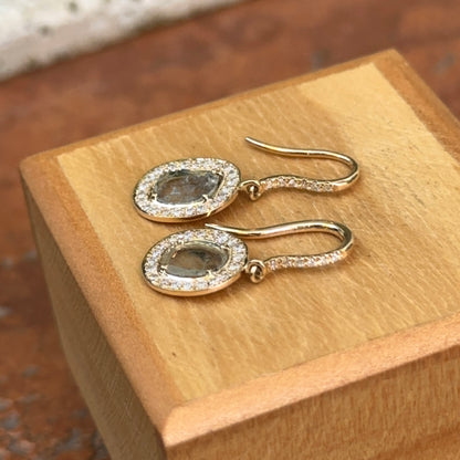 18KT Yellow Gold Bezel-Set Diamond Slice Oval Halo Dangle Gray Earrings