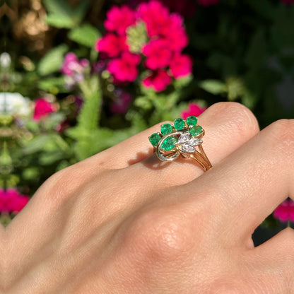 Estate 14KT Yellow Gold Pear Emerald + Diamond Cluster Ring