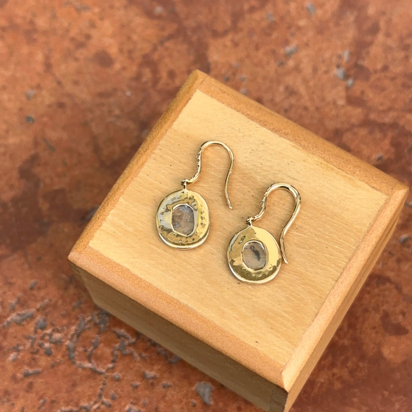18KT Yellow Gold Bezel-Set Diamond Slice Oval Halo Dangle Gray Earrings