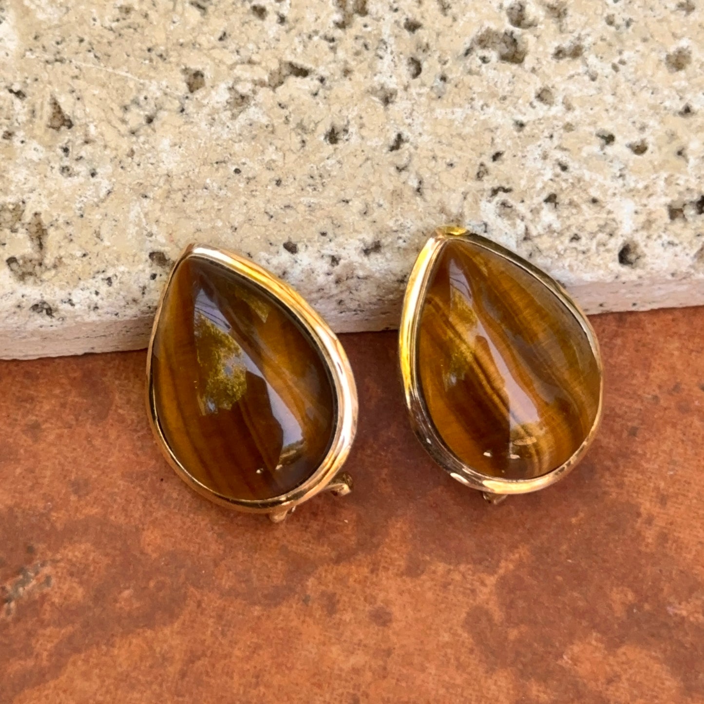 Estate 14KT Yellow Gold Teardrop Tiger's Eye Omega Back Earrings