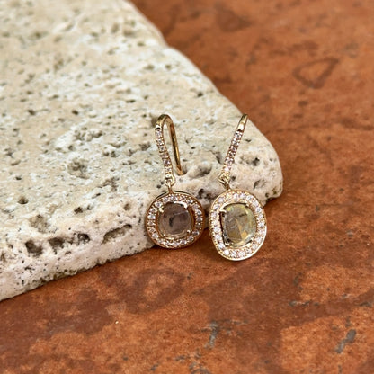 18KT Yellow Gold Bezel-Set Diamond Slice Oval Halo Dangle Gray Earrings