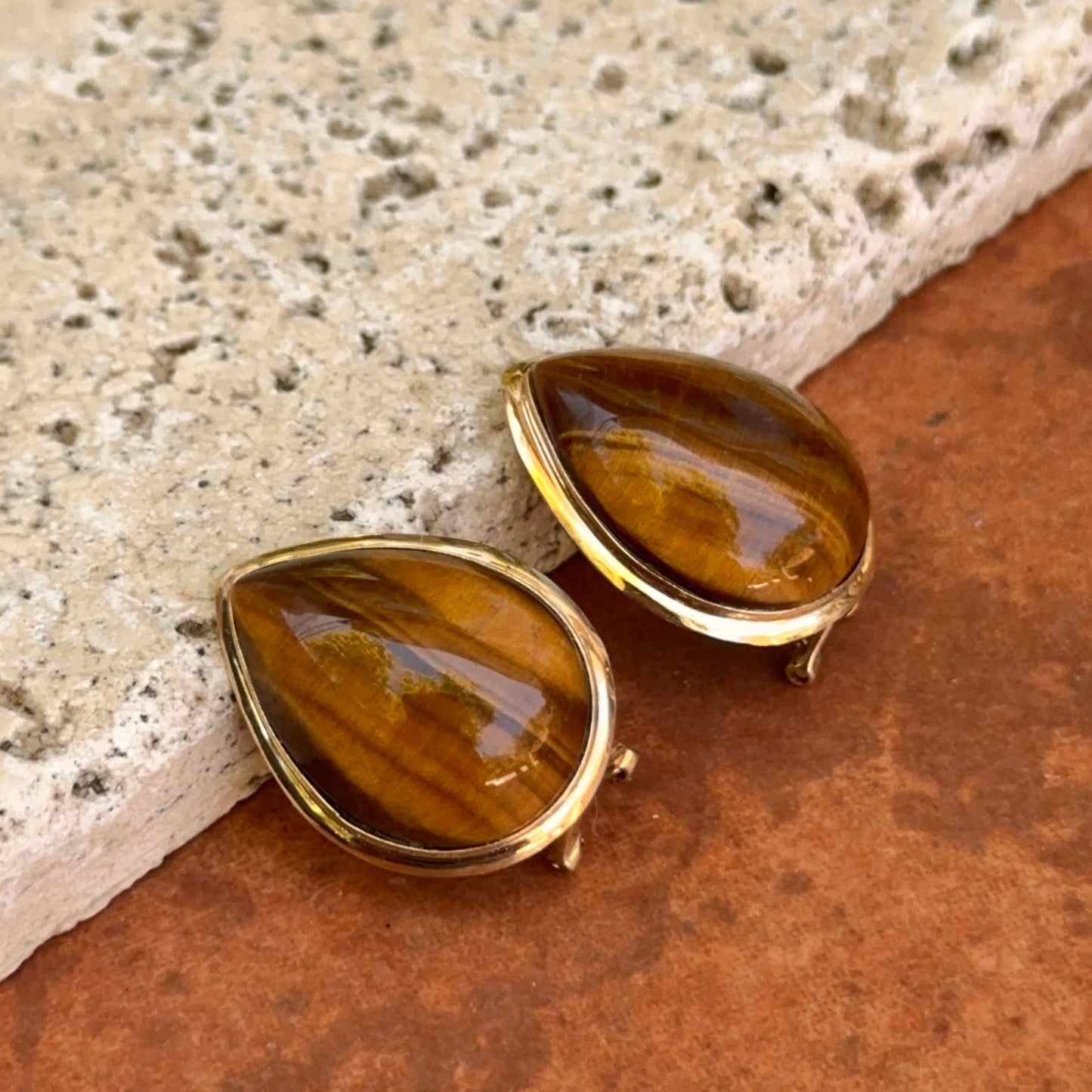 Estate 14KT Yellow Gold Teardrop Tiger's Eye Omega Back Earrings