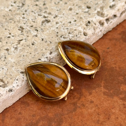 Estate 14KT Yellow Gold Teardrop Tiger's Eye Omega Back Earrings