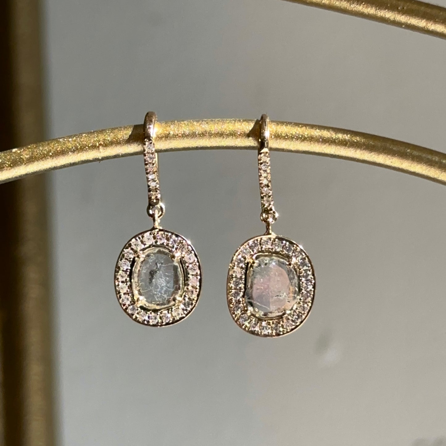18KT Yellow Gold Bezel-Set Diamond Slice Oval Halo Dangle Gray Earrings