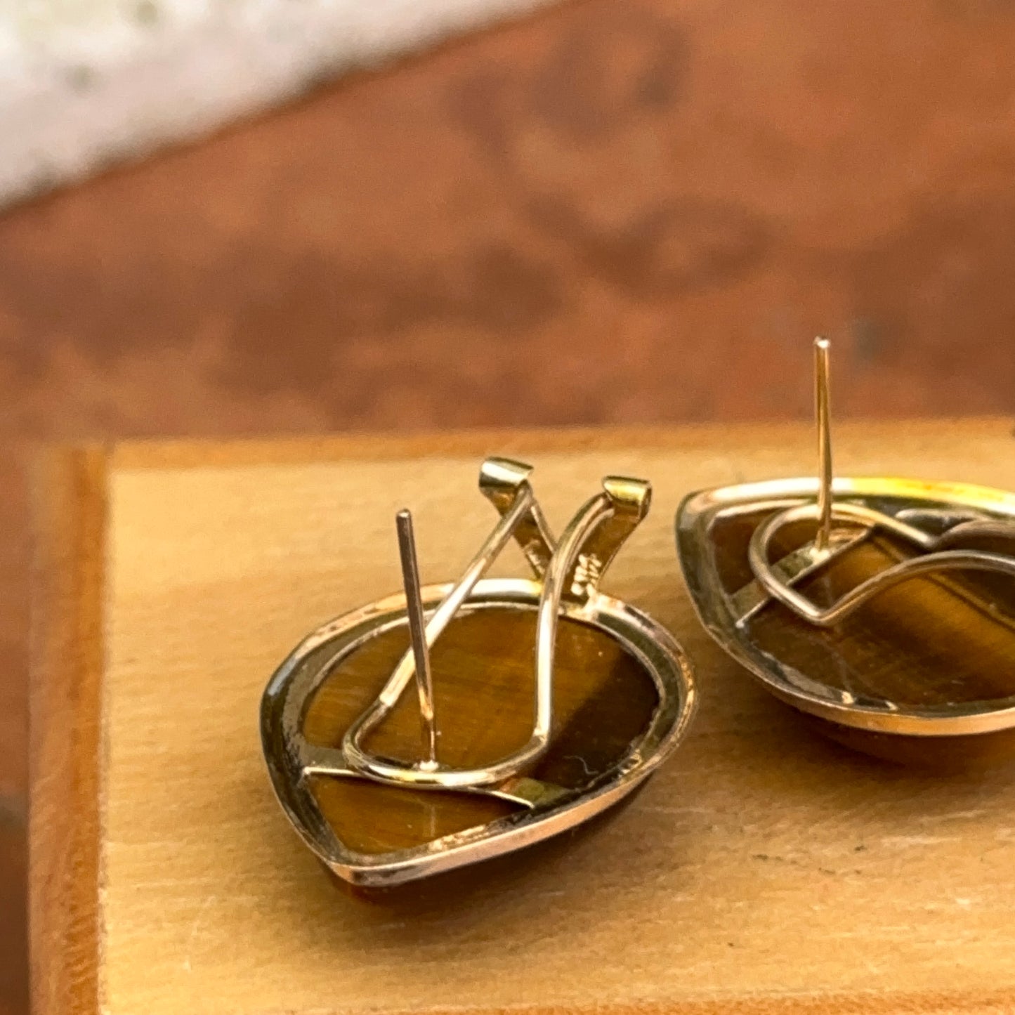 Estate 14KT Yellow Gold Teardrop Tiger's Eye Omega Back Earrings