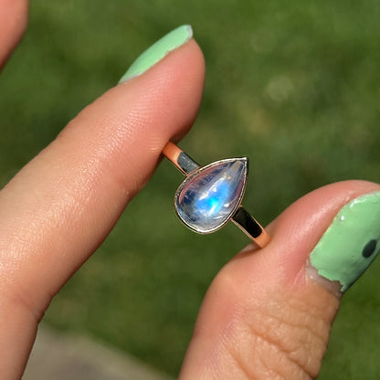 14KT Yellow Gold Cabochon Pear Rainbow Moonstone Bezel Set Solitaire Ring
