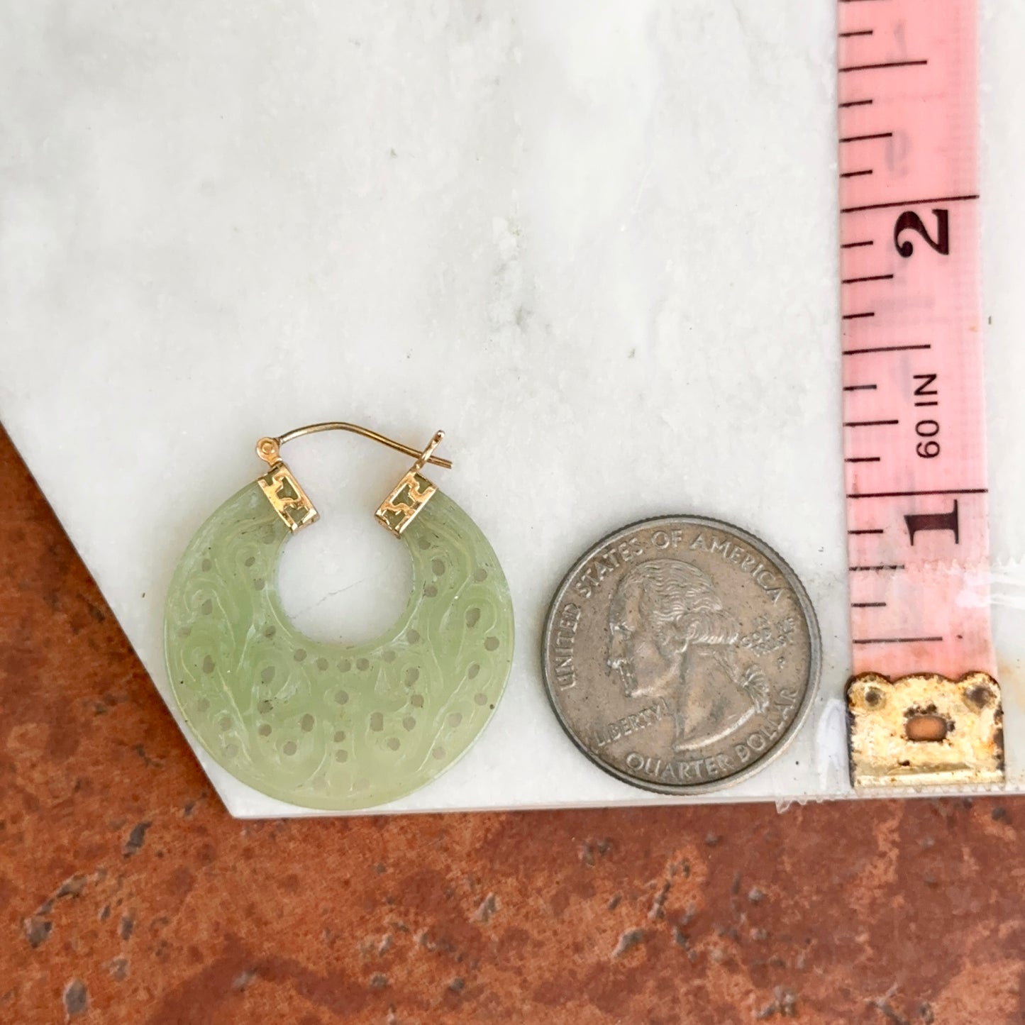14KT Yellow Gold Carved Filigree Jade Round Hoop Earrings