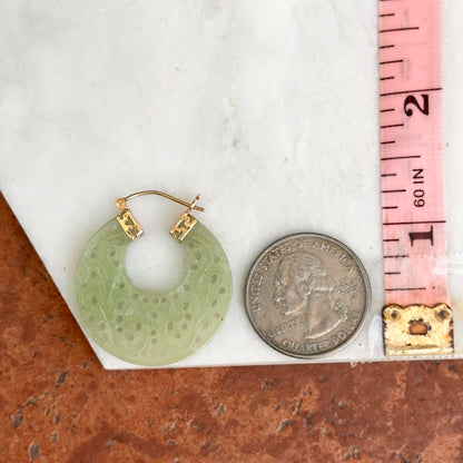 14KT Yellow Gold Carved Filigree Jade Round Hoop Earrings