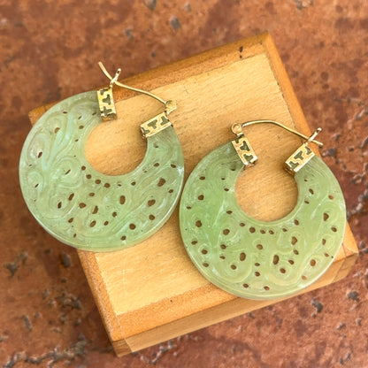 14KT Yellow Gold Carved Filigree Jade Round Hoop Earrings