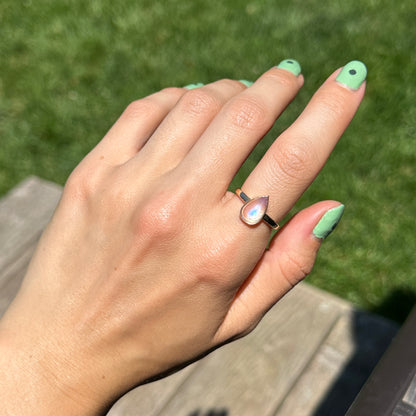 14KT Yellow Gold Cabochon Pear Rainbow Moonstone Bezel Set Solitaire Ring