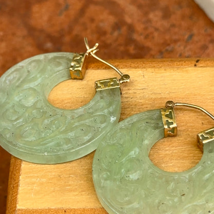 14KT Yellow Gold Carved Filigree Jade Round Hoop Earrings
