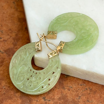 14KT Yellow Gold Carved Filigree Jade Round Hoop Earrings