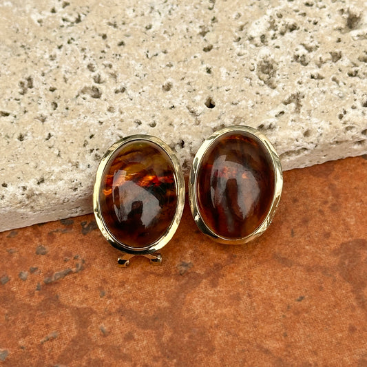 Estate 14KT Yellow Gold Oval Bezel Amber Omega Earrings