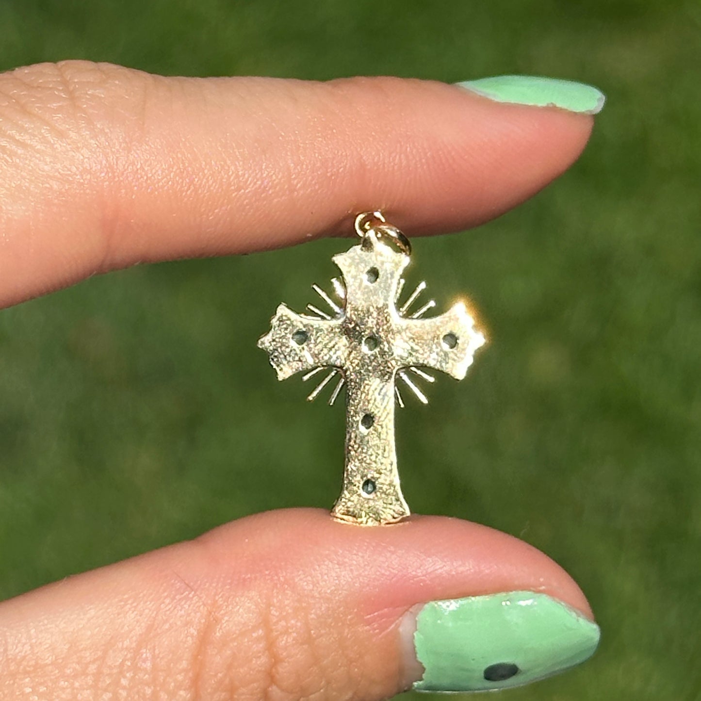 Estate 18KT Yellow Gold Genuine Emerald Ornate Cross Pendant