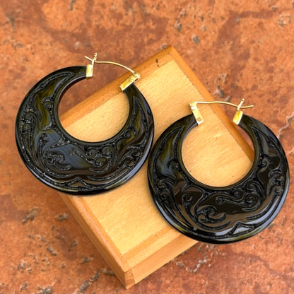 Estate 14KT Yellow Gold Carved Black Onyx Round Hoop Earrings