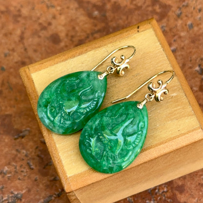 Estate 14KT Yellow Gold Carved Phoenix Jade Teardrop Dangle Earrings