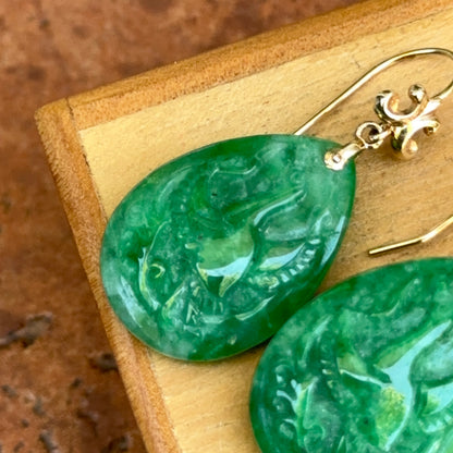 Estate 14KT Yellow Gold Carved Phoenix Jade Teardrop Dangle Earrings