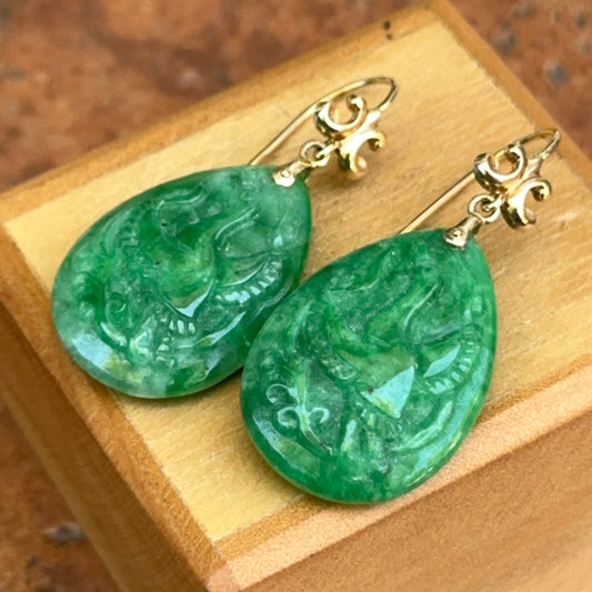 Estate 14KT Yellow Gold Carved Phoenix Jade Teardrop Dangle Earrings