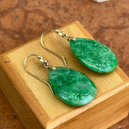 Estate 14KT Yellow Gold Carved Phoenix Jade Teardrop Dangle Earrings