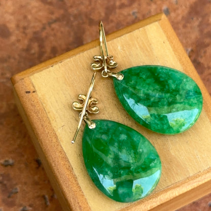 Estate 14KT Yellow Gold Carved Phoenix Jade Teardrop Dangle Earrings
